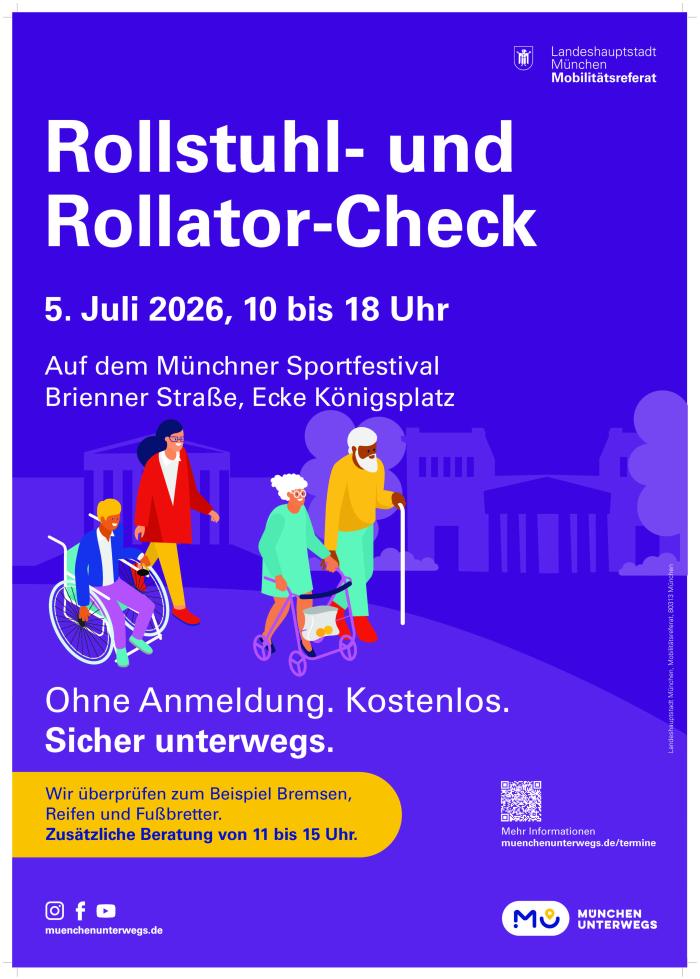 Das Bild zeigt ein Plakat mit Informationen zum Rollstuhl- und Rollatorcheck und die gezeichnete Zielgruppe: einen Jungen im Rollstuhl mit Begleitperson sowie zwei &auml;ltere Personen, eine mit einem Rollator.