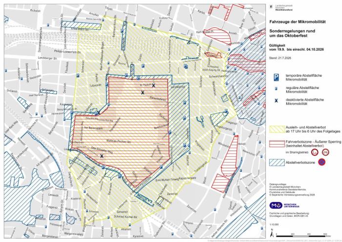 Der Plan zeigt die unterschiedlichen Sperr- und Parkzonen für Fahrzeuge der Mikromobilität beim Oktoberfest.