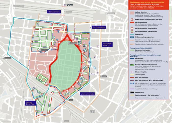 Der Plan zeigt die unterschiedlichen Sperrringe beim Oktoberfest 2026.