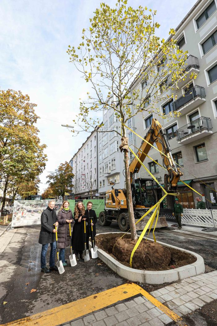 Mobilitätsreferent Georg Dunkel, die Vorsitzende des BA Maxvorstadt, Svenja Jarchow-Pongratz, Bürgermeisterin Mona Fuchs, Baureferentin Dr.-Ing. Jeanne-Marie Ehbauer bei der Baumpflanzung